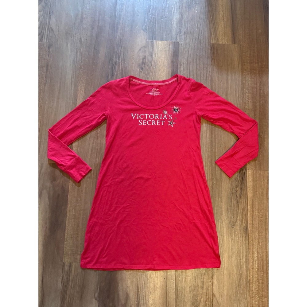 Victoria's Secret Pink Long Sleeve Nightgown Sleep Shirt Logo Rhinestone Small